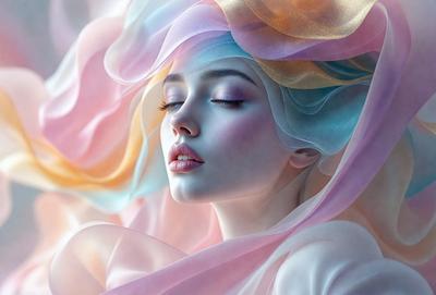 The primary subject of the image is a woman with a flowing pink and blue veil on her head. She is wearing makeup and appears to be in a dreamy, ethereal setting. The visual style of the image is a digital art or illustration, with a focus on the woman's face and the flowing veil. The colors and mood of the image are predominantly pink and blue, creating a soft and dreamy atmosphere.
